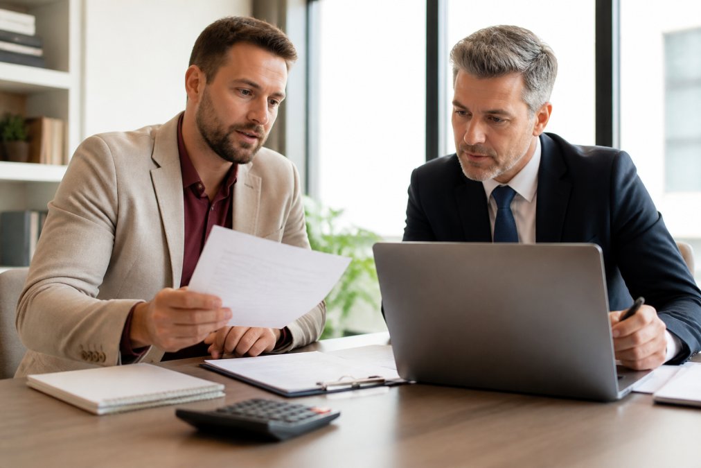 A small business owner in a casual blazer reviewing a policy document with a licensed insurance agent across a desk, both focused on a laptop screen in a bright, modern office