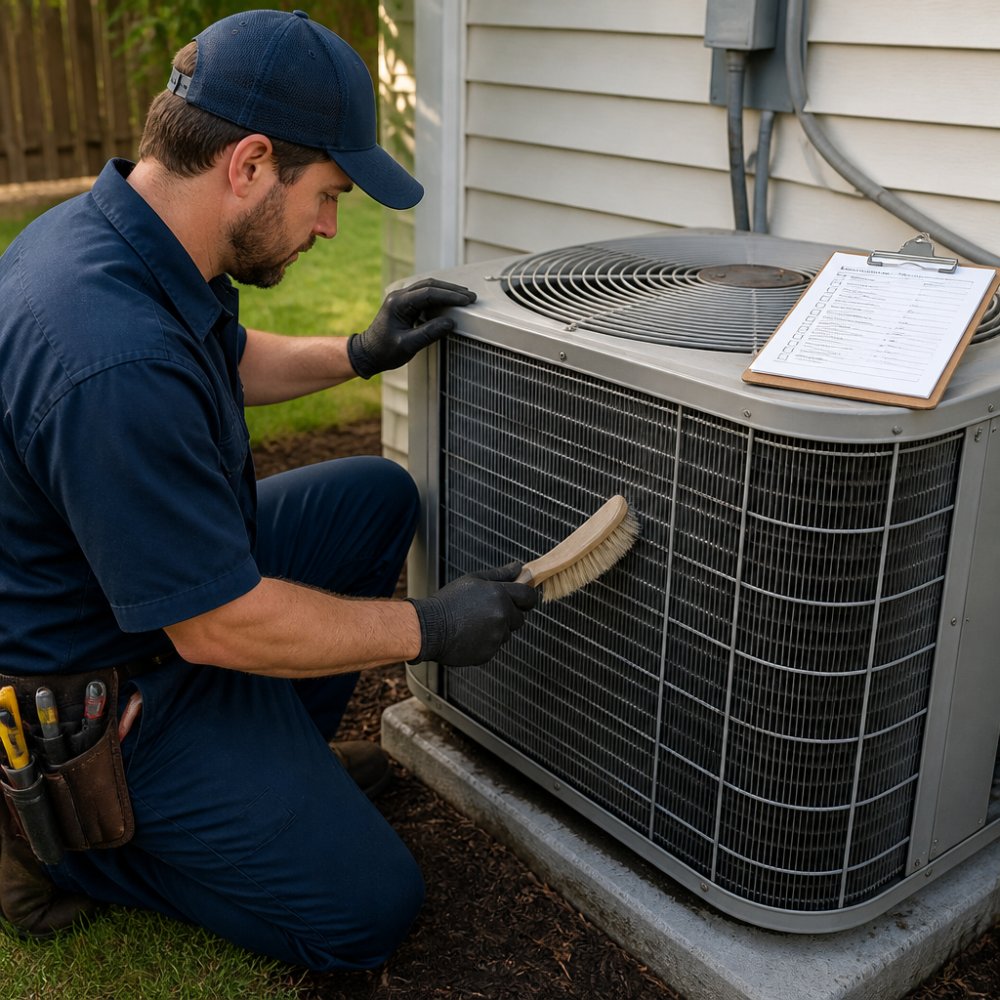 A licensed HVAC technician in uniform kneeling beside an outdoor AC condenser unit, cleaning the coils with a soft brush, with a clipboard showing a maintenance checklist resting on the unit