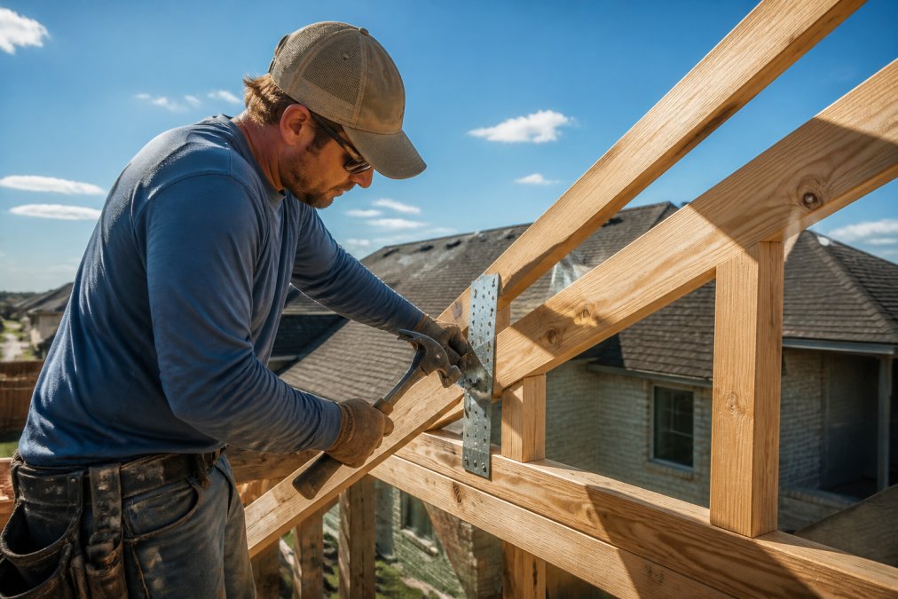 A homeowner in work clothes installing metal hurricane straps on roof trusses of a single-story Texas home, hammer and nails visible, bright afternoon sunlight