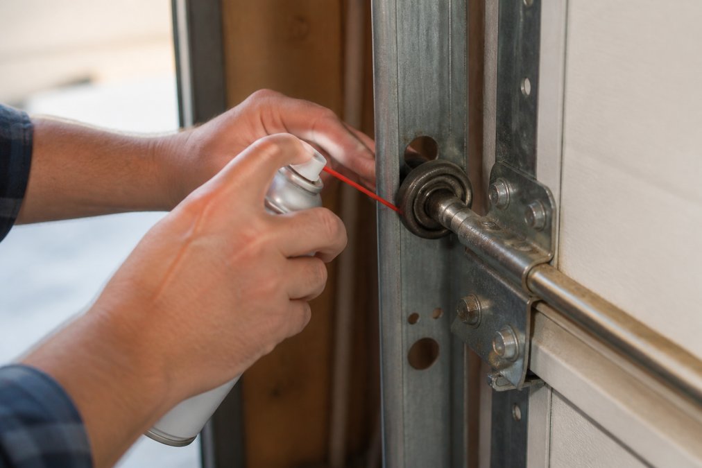 Close-up of a person's hands applying silicone spray lubricant to a metal garage door roller assembly and bearing plate mounted in a steel track