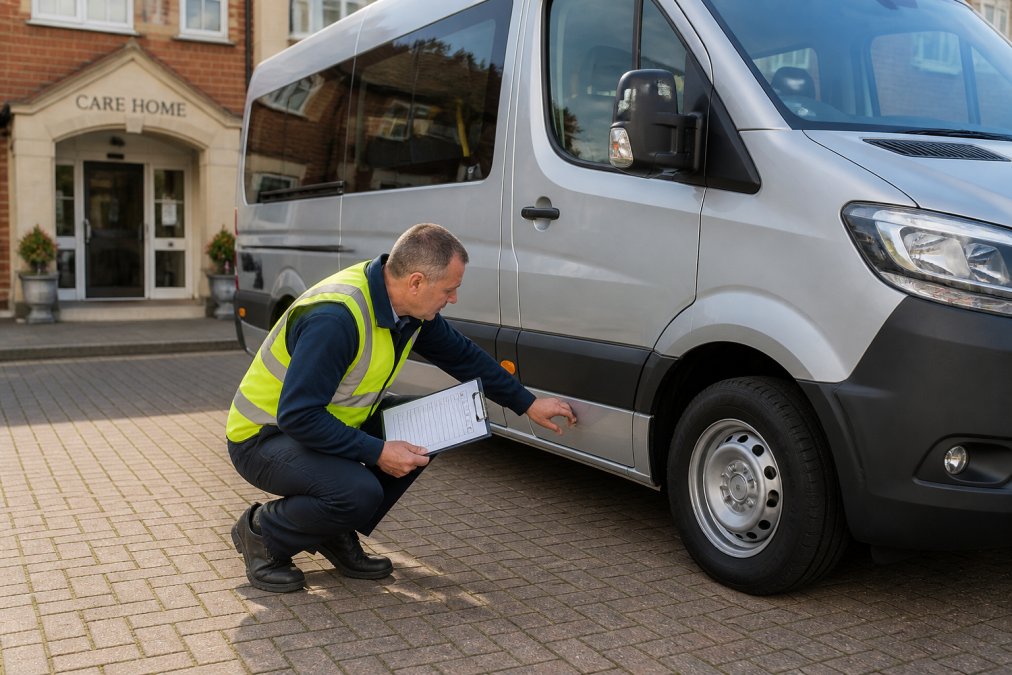 A transport coordinator in a high-visibility vest conducting a walk-around inspection of a modern minibus parked outside a care home in Northampton, checking the tyre tread with a clipboard in hand on a bright morning