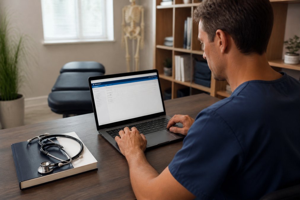 A chiropractor in a bright clinic office reviewing website page speed results on a laptop, with a stethoscope and appointment book on the desk