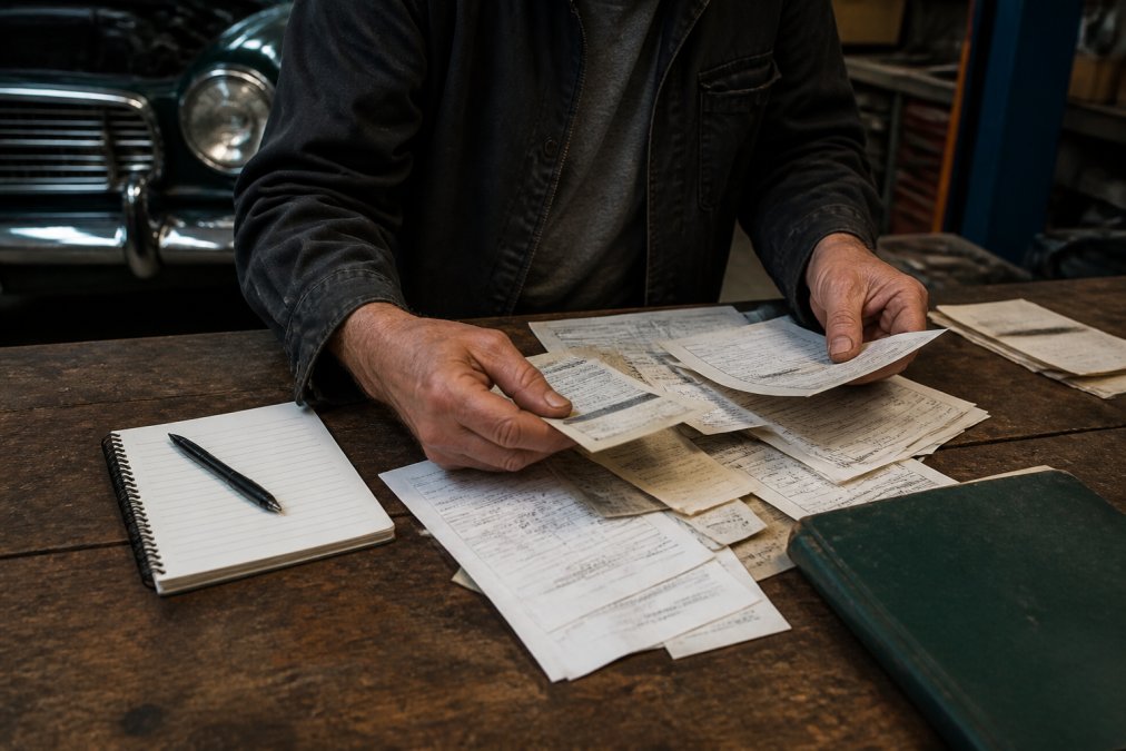 Close-up of a classic car owner's hands organizing scattered receipts, invoices, and service documents on a wooden workbench with a notebook and pen nearby