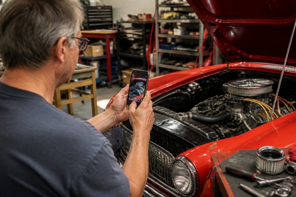 A classic car enthusiast photographing engine work inside a garage, holding a smartphone to document restoration progress with tools and parts visible in the background