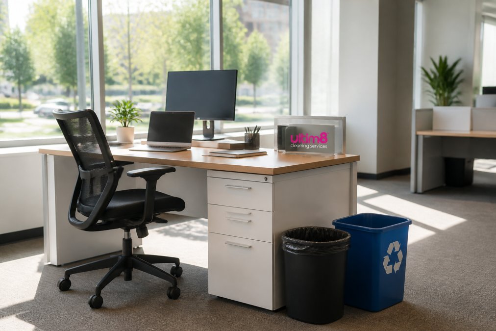 How to Maintain a Clean Office: A Practical Guide 7 A clean, organized office desk with a laptop, monitor, and neatly arranged supplies, with a trash can and recycling bin visible nearby, bright natural light streaming through windows