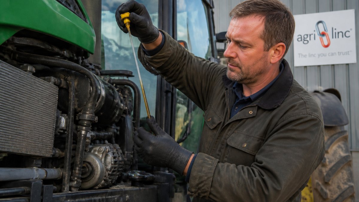 Farmer checking oil level on a tractor engine with dipstick in hand, showing amber-coloured fluid against natural daylight, wearing work gloves