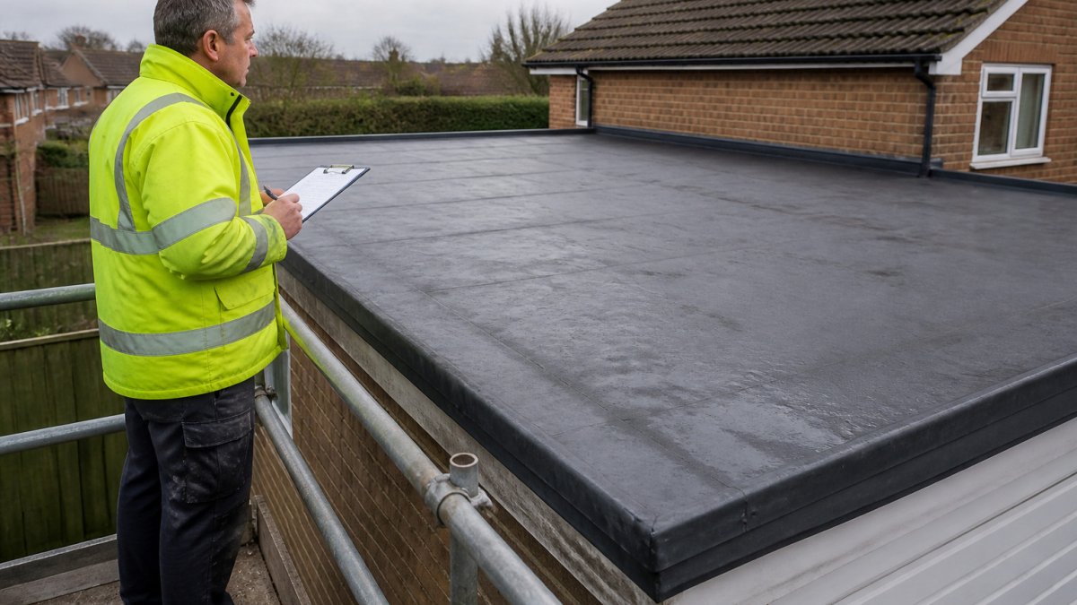 Homeowner in a high-visibility jacket inspecting a flat roof system membrane with a clipboard on a garage.