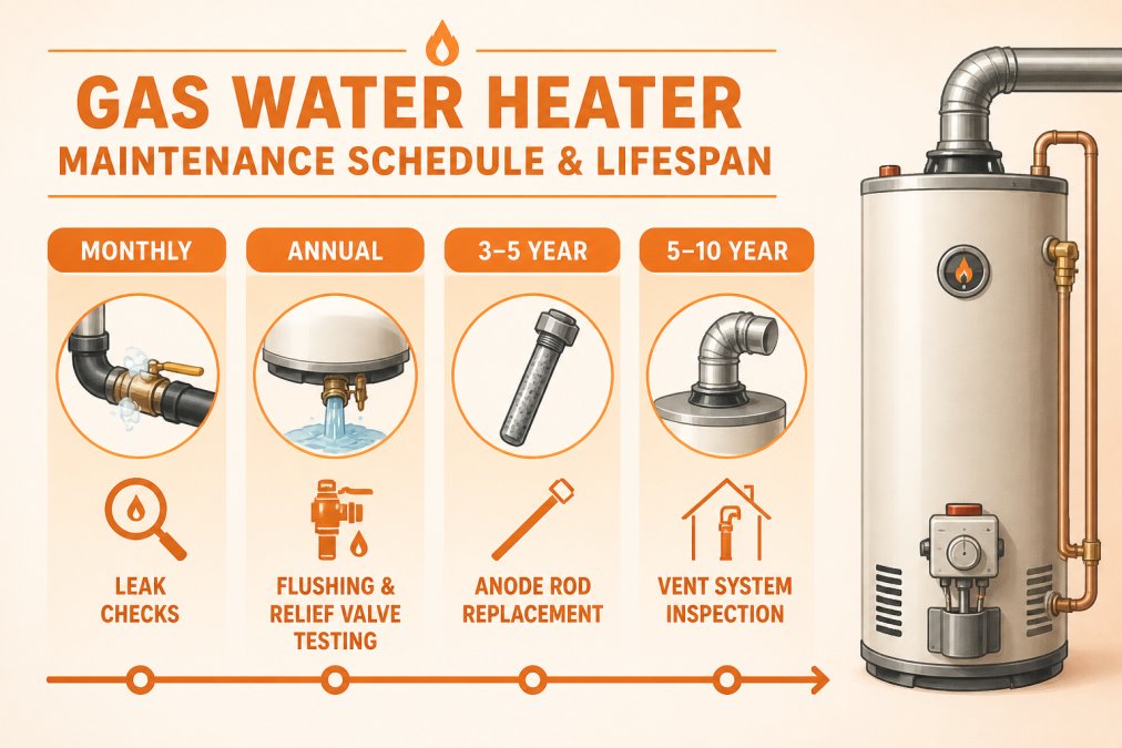 Timeline showing monthly leak checks, annual flushing and relief valve testing, 3-5 year anode rod replacement, and 5-10 year vent system inspection for gas water heater maintenance
