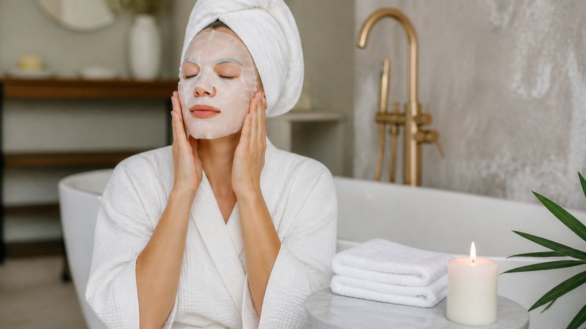 A woman in a calm bathroom applying a sheet mask, with a candle and folded towel nearby, soft natural light, relaxed self-care moment at home