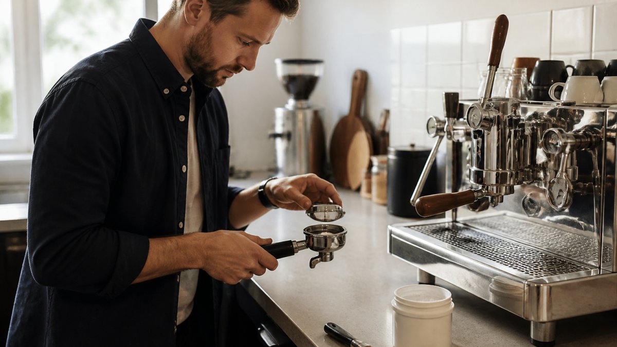 Close-up of a home barista fitting a blind filter basket into an espresso machine portafilter on a kitchen counter, with a cleaning brush and detergent tub nearby