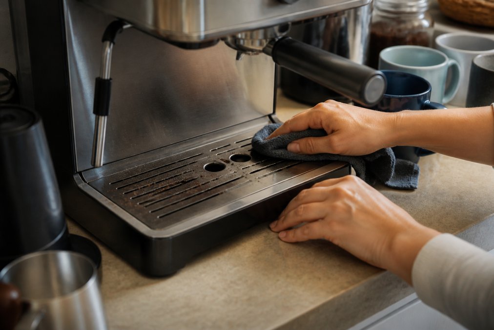 Close-up of hands wiping down a home espresso machine drip tray with a microfiber cloth, coffee grounds visible, warm kitchen lighting, clean countertop with mugs nearby