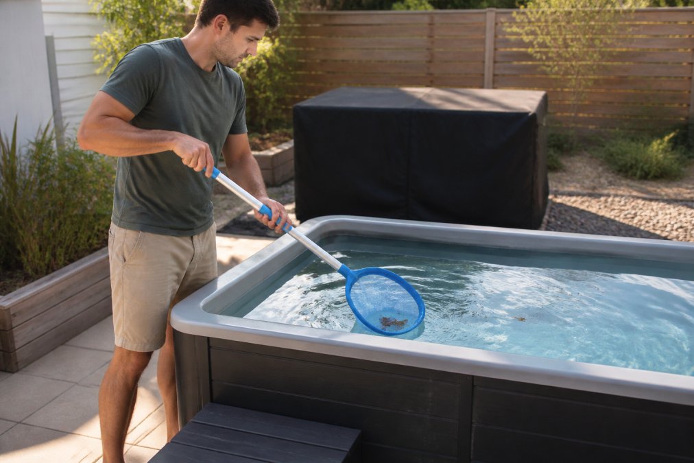 Homeowner using a skimmer net to remove leaves and debris from cold plunge water on a sunny patio, with weatherproof cover visible in the background