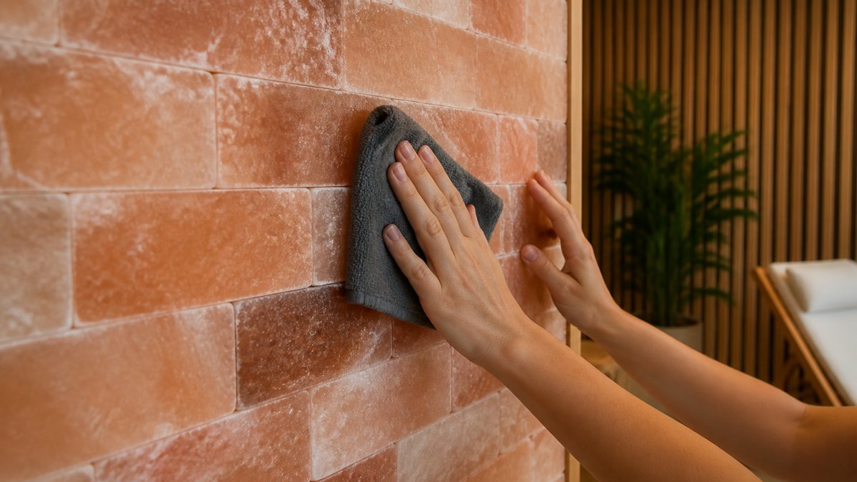 Close-up of hands gently wiping a Himalayan salt brick with a soft microfiber cloth, showing proper dry-cleaning technique in natural light