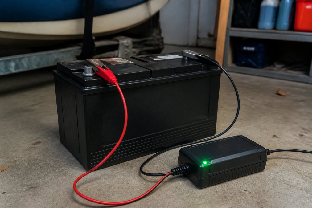 Marine battery connected to a trickle charger with a green indicator light glowing in a dim garage setting