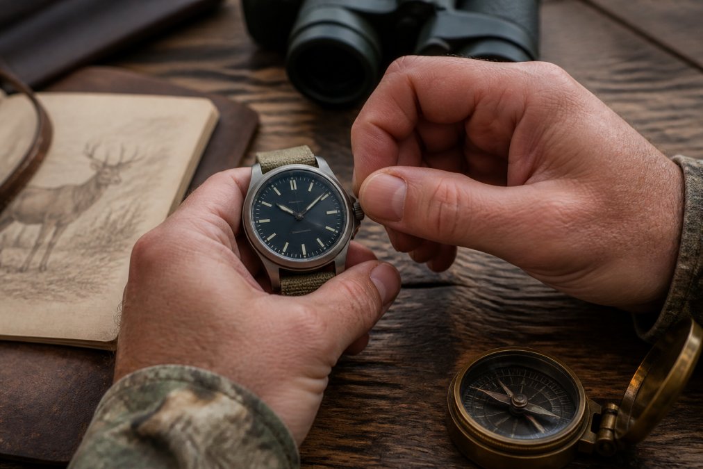 Close-up of a man's hands carefully winding the crown of a mechanical watch with a titanium case, set against a wooden field desk with a hunting journal and compass nearby
