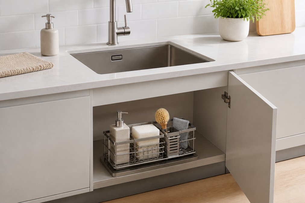 A minimalist kitchen sink with a sleek under-sink cabinet door closed, showing clean white countertop and stainless steel faucet, with organized storage visible through partially open cabinet door revealing neatly arranged containers