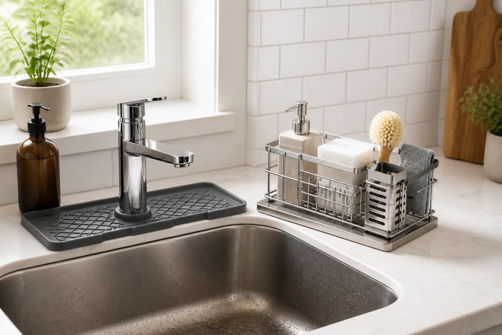 A modern stainless steel kitchen sink with a black silicone splash mat positioned under the faucet, a compact sink rack holding damp sponges and brushes on the adjacent counter draining water back into the basin, minimalist white subway tile backsplash, natural window light