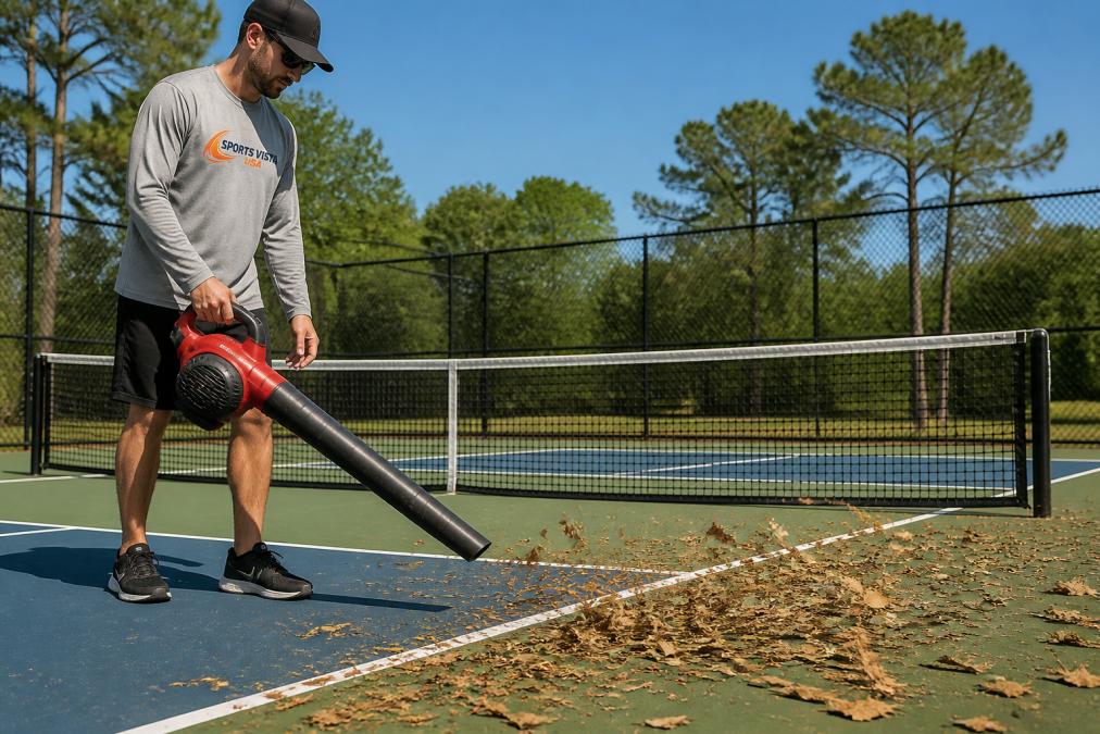 A person using a leaf blower to clear leaves and debris from an outdoor pickleball court surface on a clear day, with a net system visible in the background