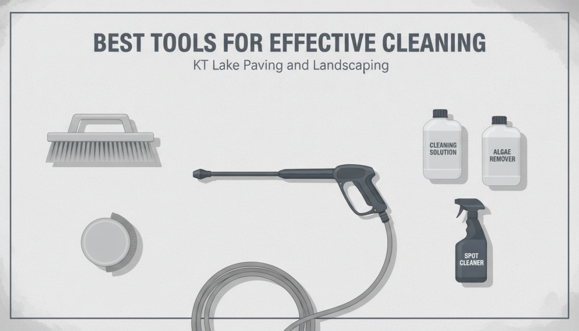 Close-up of pressure washing equipment and cleaning tools laid out on a resin bound driveway surface, showing jet wash lance, brushes, cleaning solution containers, and broom