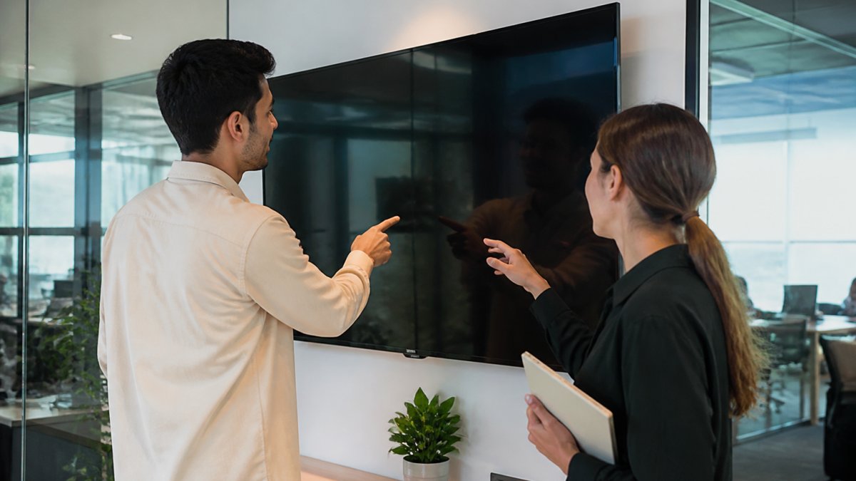 Project manager and marketer reviewing data on a dashboard to maintain a single source of truth in the office.