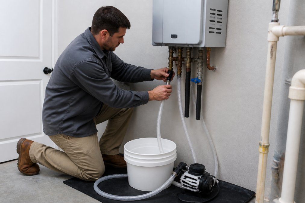 Homeowner connecting a flushing kit hose to a wall-mounted tankless water heater in a clean utility room