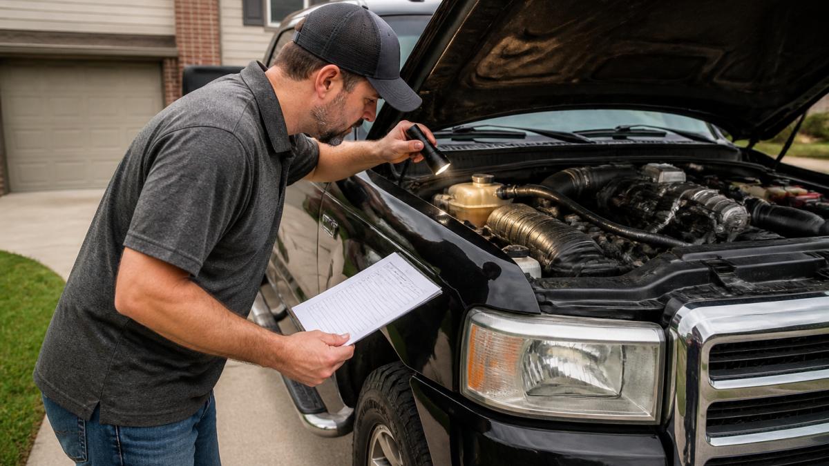 A person inspecting the engine bay of a used diesel truck with a flashlight and a paper checklist, parked in a residential driveway, natural daylight