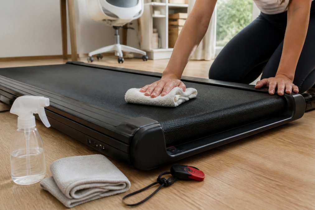 Close-up of hands wiping a treadmill belt surface with a white microfiber cloth, treadmill unplugged and safety key removed, resting on a light hardwood floor in a bright home office