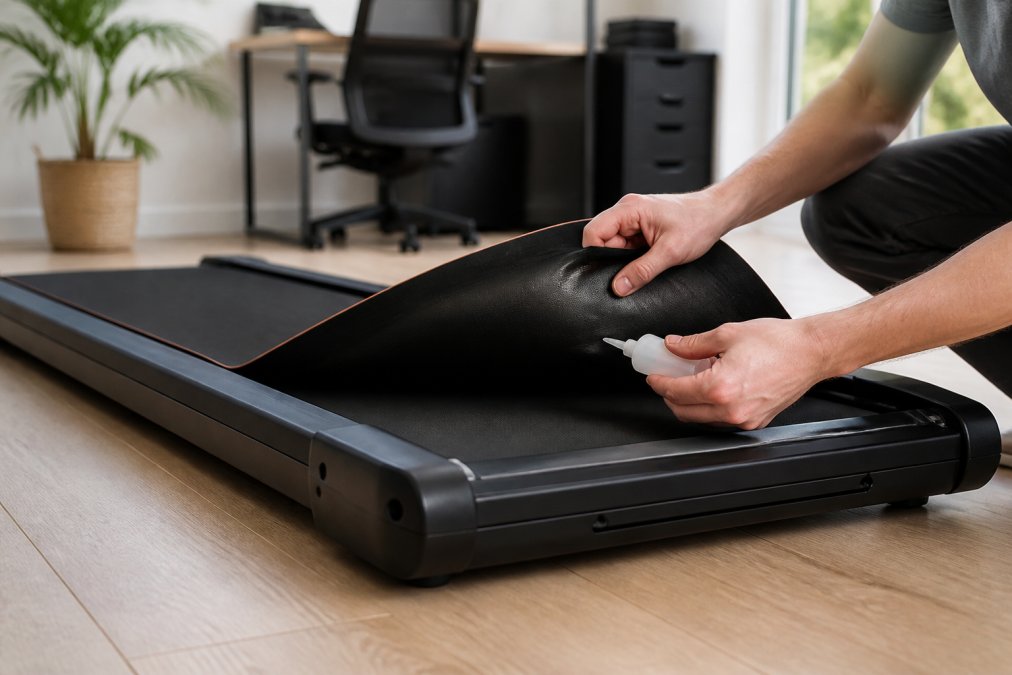 A small bottle of silicone-based lubricant being applied along the underside edge of a folded walking pad belt, hands visible, clean home office background with soft natural light