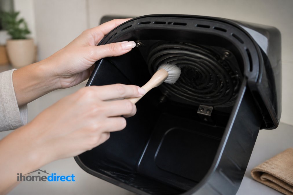 Close-up of hands using a soft-bristled brush to gently clean the heating element inside an air fryer basket, showing proper technique with careful angled strokes and natural kitchen lighting