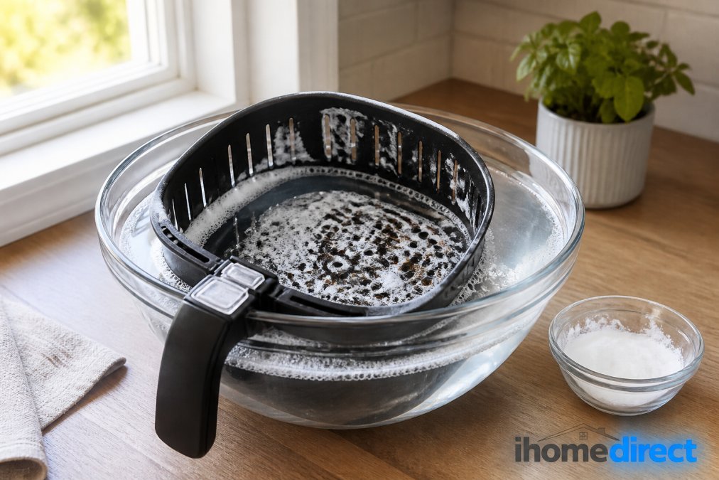 Air fryer basket soaking in a clear glass bowl of warm soapy water with a visible baking soda paste applied to stubborn burnt grease spots, showing the soaking method with natural light from kitchen window