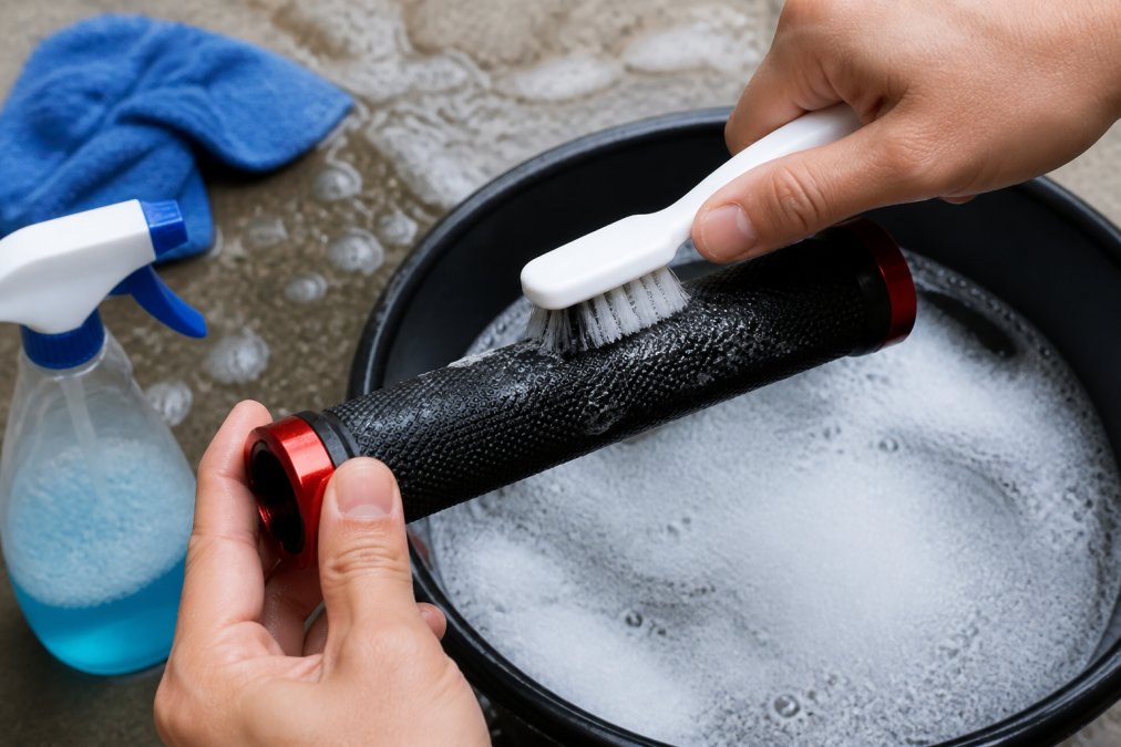 Close-up of hands using a soft-bristled brush to clean an alloy handlebar with mild detergent and water, demonstrating proper gentle cleaning technique on bike handlebar