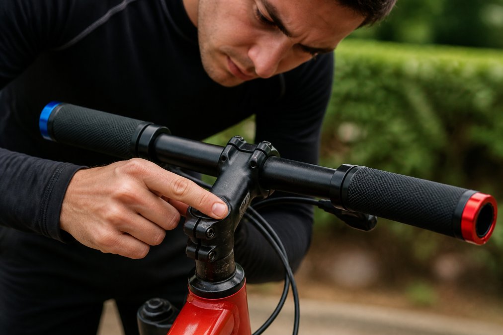 Cyclist performing visual inspection of alloy handlebars, checking for cracks and corrosion damage on the stem interface area under natural light
