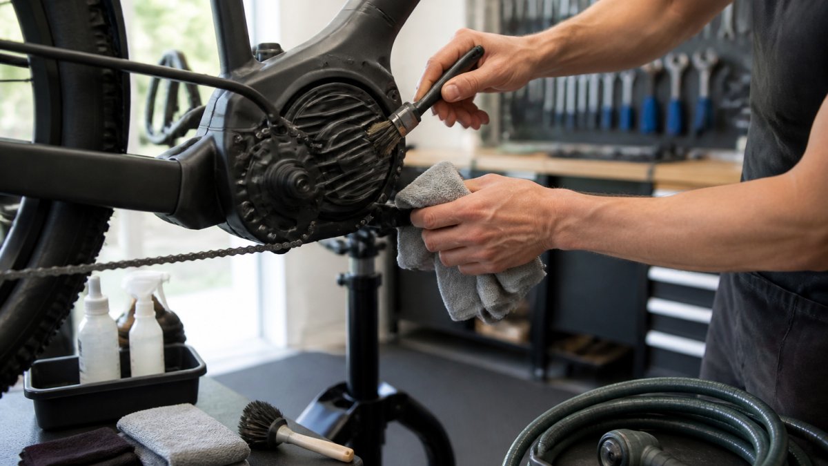 Close-up of a person using a soft brush and a damp cloth to clean an e-bike motor on a work stand in a bright workshop, low-pressure hose set aside