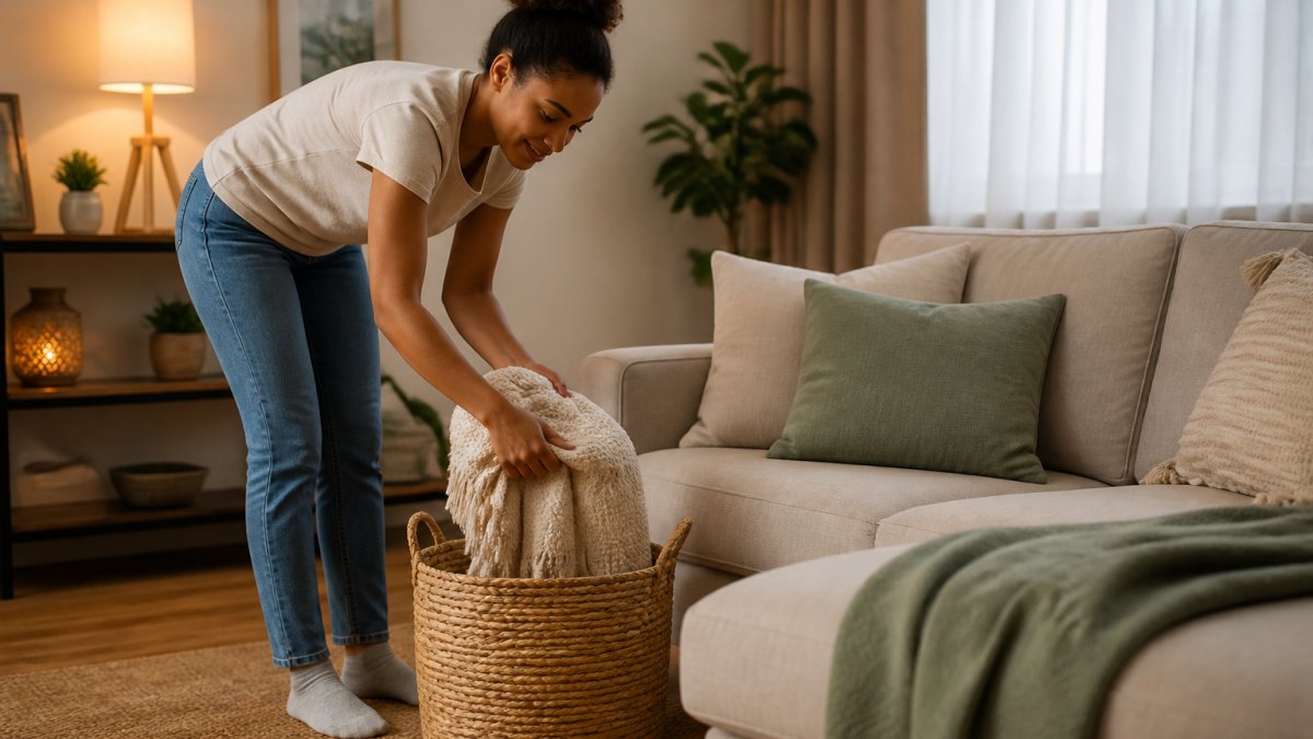 A person in casual clothes doing a quick evening tidy in a bright living room, returning a throw blanket to a woven basket and straightening cushions on a sofa, soft warm lamp light, calm colors