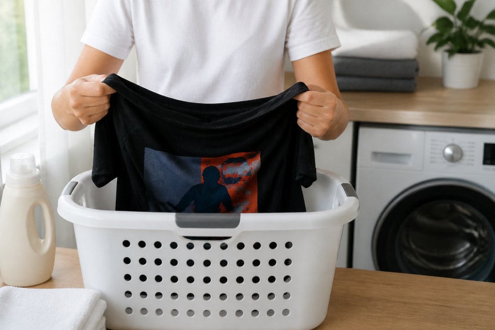 Hands turning a printed t-shirt inside out over a laundry basket in a bright home laundry room, with detergent bottle visible nearby