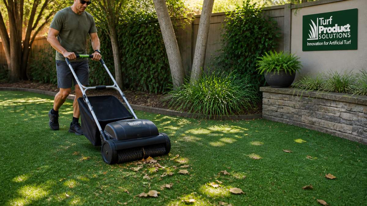 Homeowner using a cordless turf sweeper to remove debris from a shaded artificial lawn in a backyard.