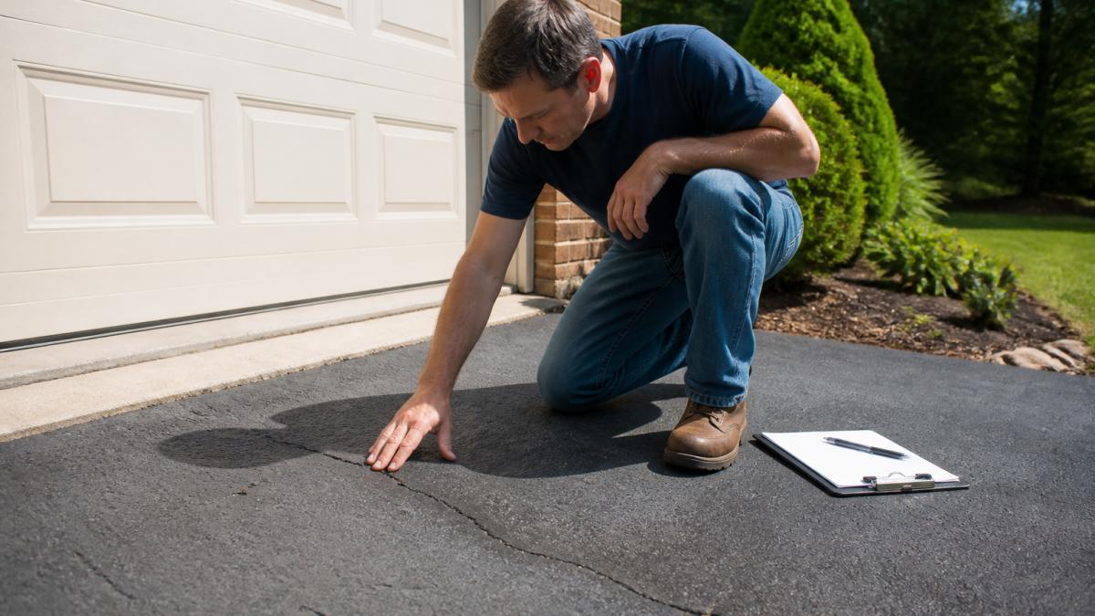 A homeowner kneeling on an asphalt driveway in bright summer sunlight, running a hand along a visible crack near the garage edge, with a clipboard and pen resting on the pavement beside them