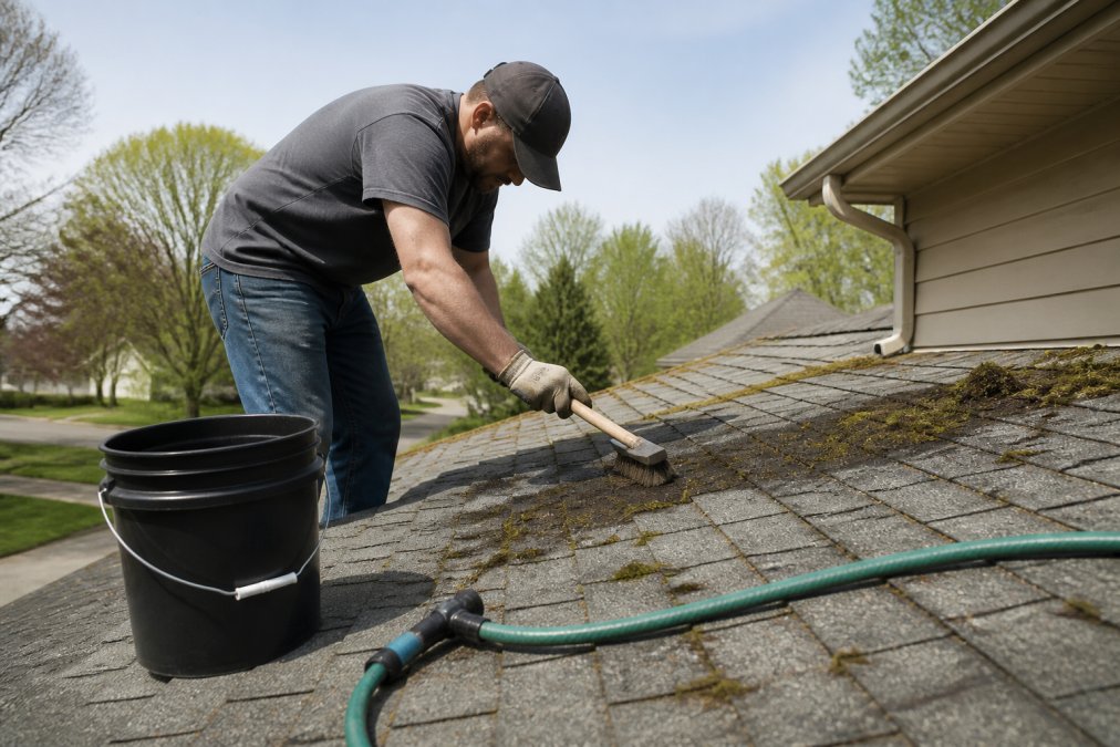 Homeowner using a soft brush to maintain asphalt shingles by gently removing moss and debris from a roof.