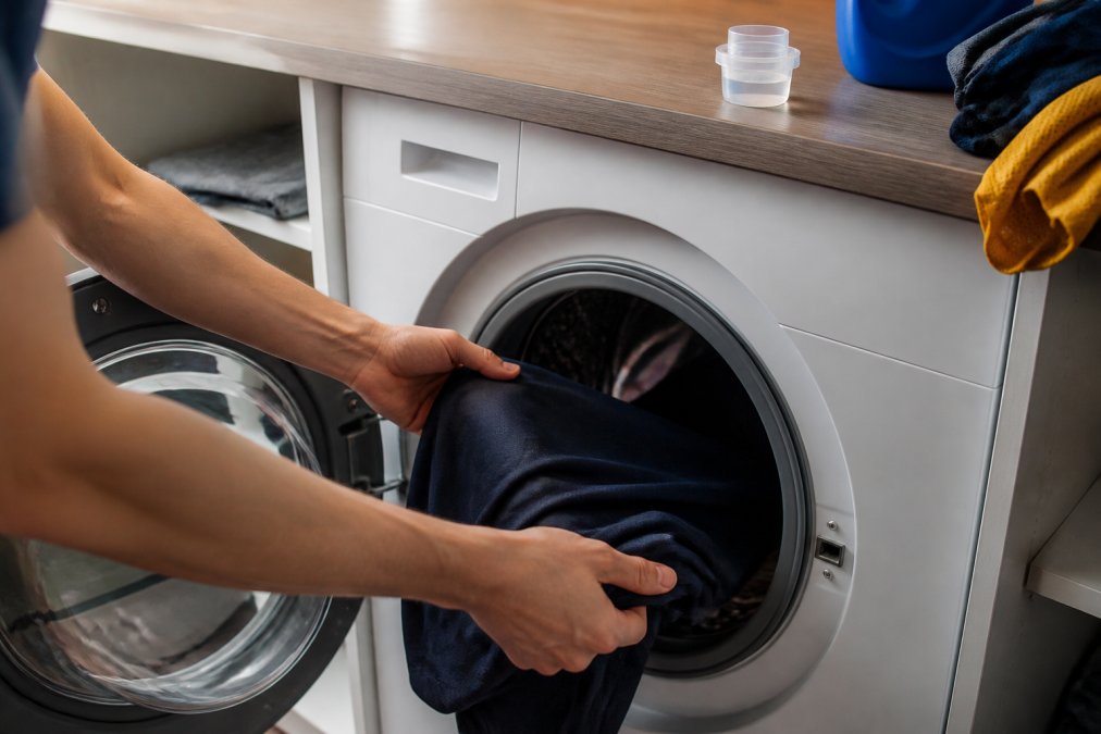 Close-up of hands placing a dark-colored athletic shirt into a front-loading washing machine, with a clear liquid detergent cap nearby on the machine top