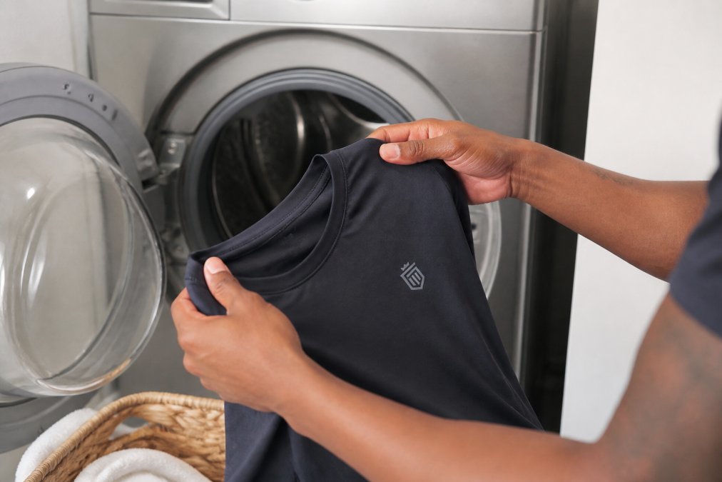 Close-up of hands turning athletic wear inside-out before placing it in a washing machine, with the cold water setting visible on the machine's dial