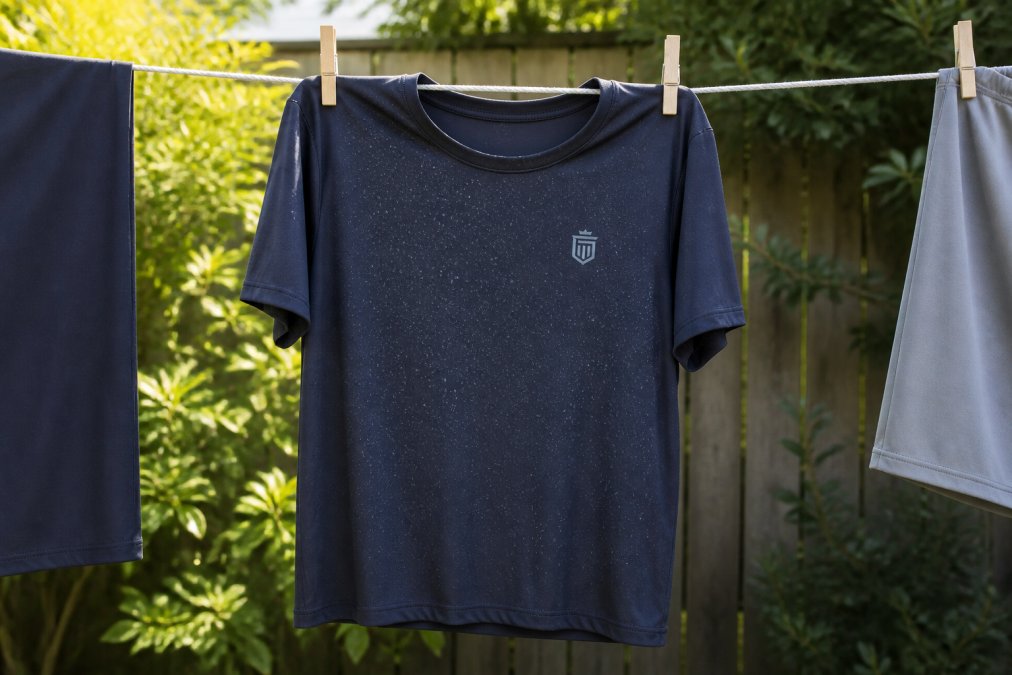 Athletic wear hanging on a clothesline or drying rack outdoors in natural sunlight, with moisture beading on the fabric surface