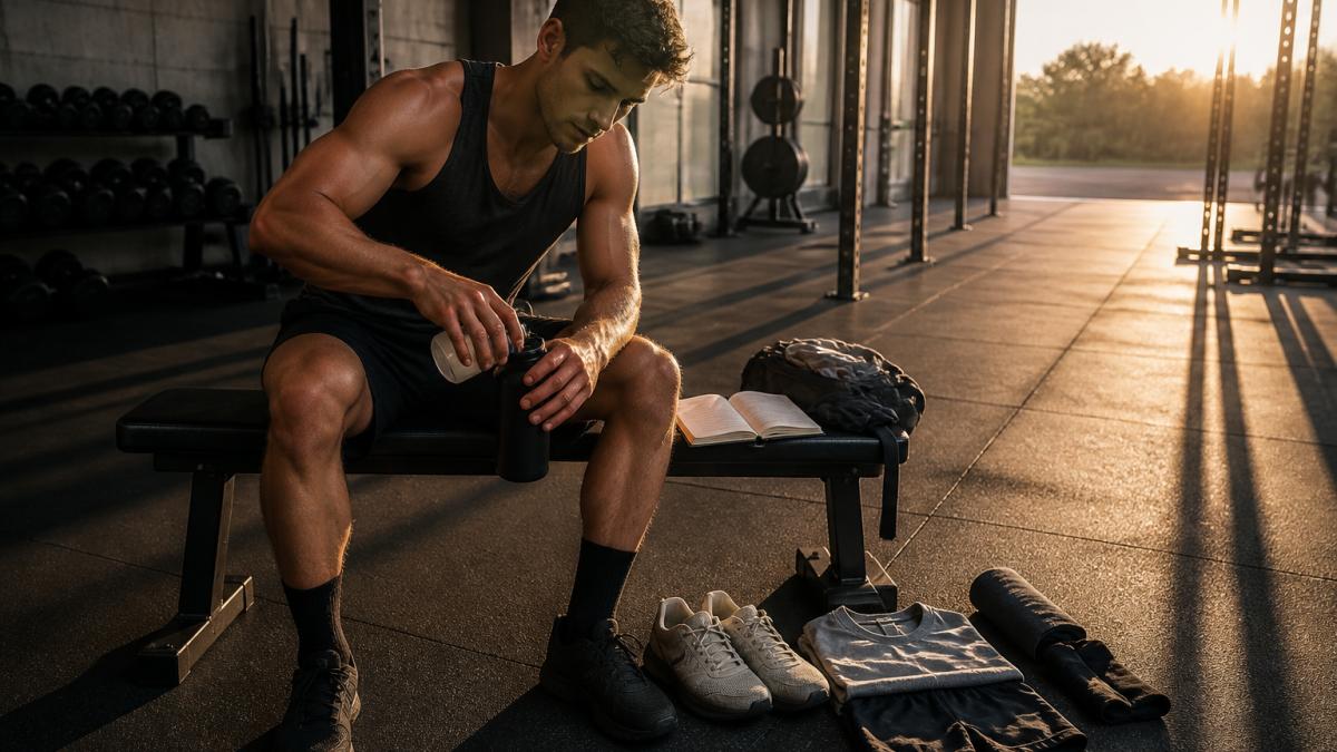 A focused athlete in a gym at dawn, filling a water bottle and checking a training journal on a bench, with workout clothes laid out nearby