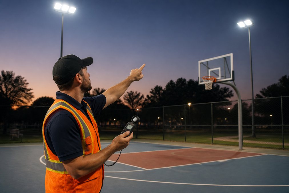 Technician using a light meter to check fixture alignment as part of how to maintain basketball court lighting.