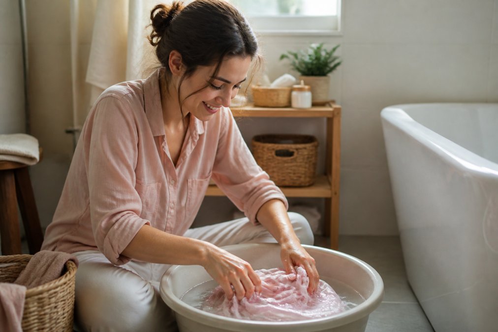 Hands gently hand-washing a delicate silk blouse in cool water to help maintain boutique fabrics safely.