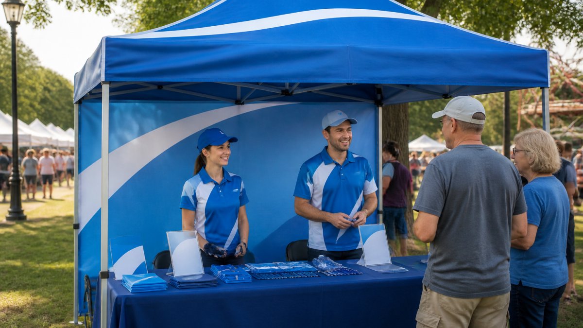 Diagram illustrating how to apply visual identity to event tents, signage, and staff uniforms at a booth