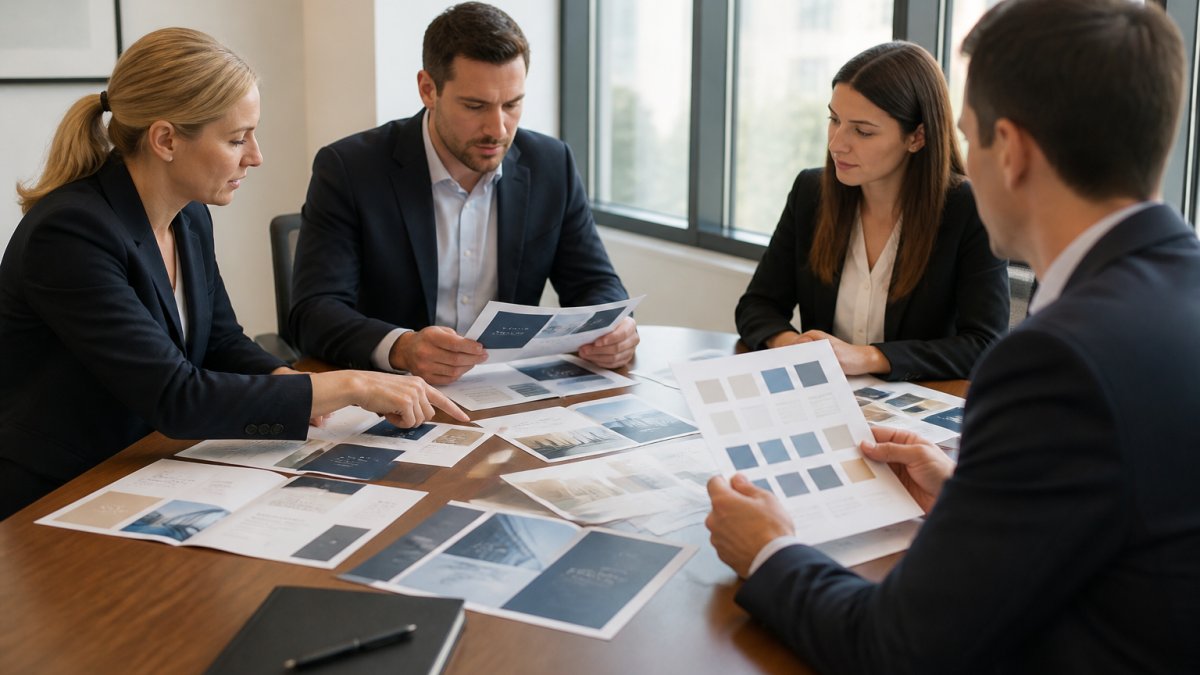 Financial professionals reviewing brand guidelines to maintain brand consistency in financial services marketing