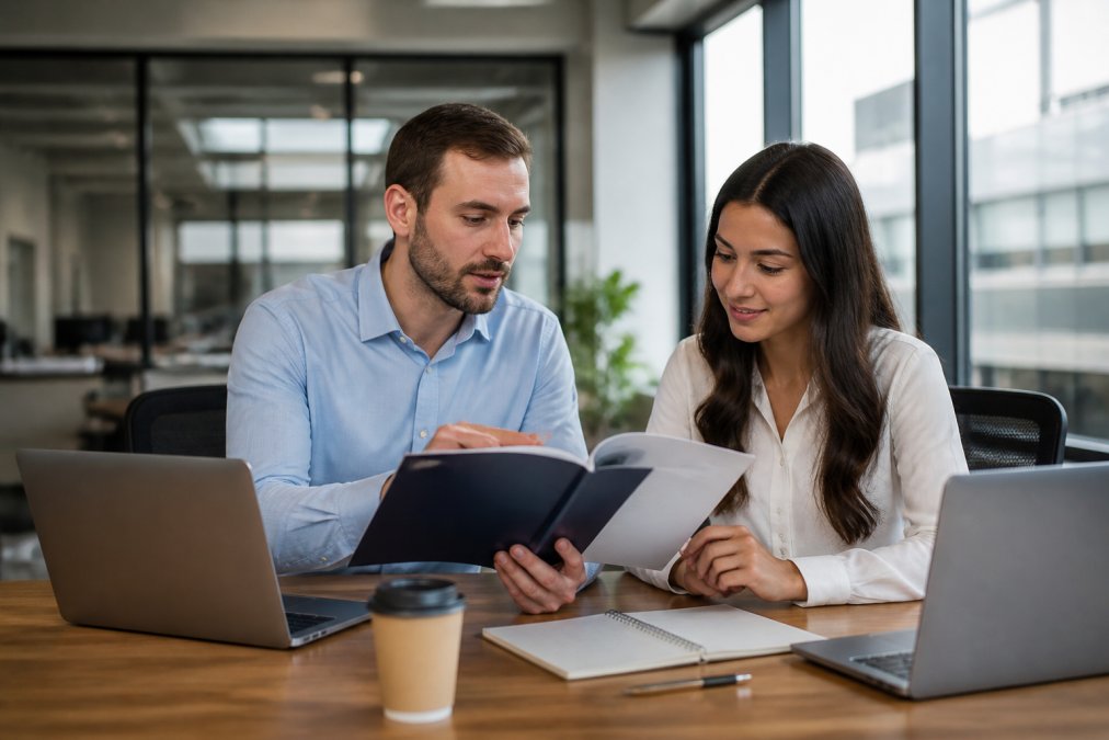 Sales manager reviewing a brand voice guide with a new team member in a bright, modern British office.