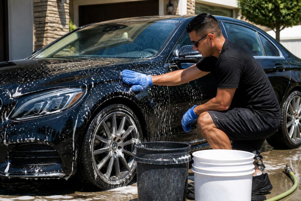 A person wearing microfiber gloves using a two-bucket method to wash a dark luxury sedan in a driveway, with foam on the paint and a hose nearby, bright daylight