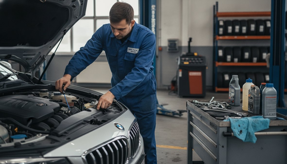 A mechanic in a professional garage setting checking engine fluid levels under the open bonnet of a car, wearing blue overalls under bright workshop lighting