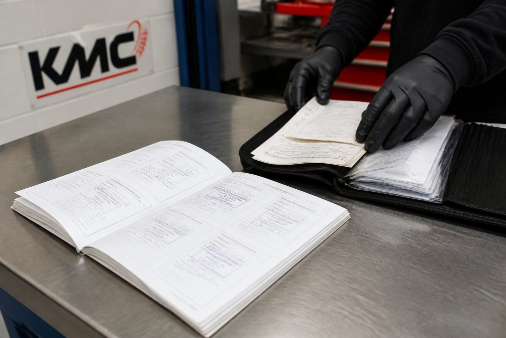 A close-up photograph of a car service book and a folder of stamped receipts on a clean garage workbench, with a technician's gloved hands tidying the documents in the background
